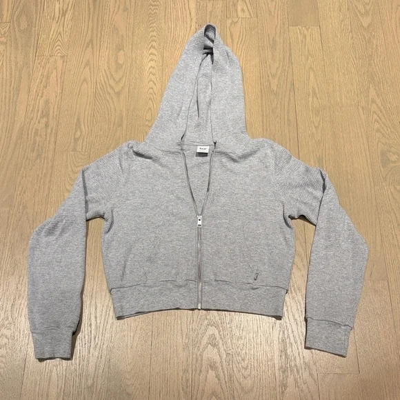 Women's Cropped Waffle Hooded Sweater - Light Gray - Picture 1 of 3